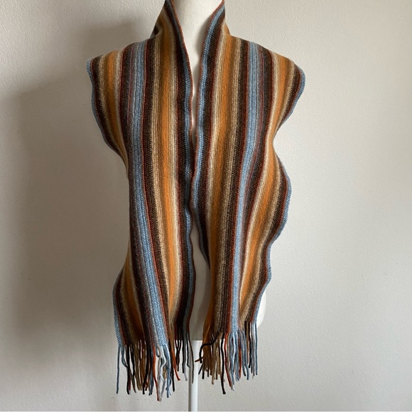 The Scarf Company Fringed Scarf Brown/Blue Striped Lambswool Knit Wrap 58x8 - Picture 1 of 5
